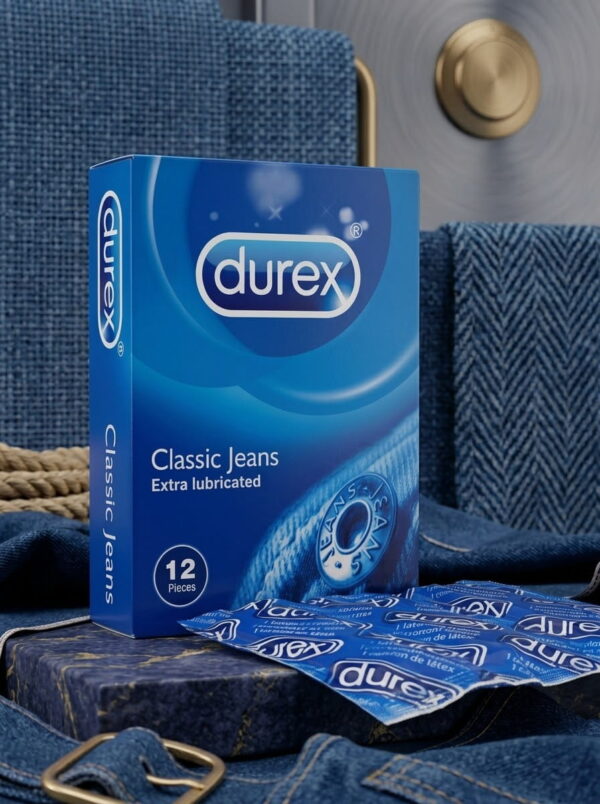 Durex Classic Jeans Condoms – Pack of 12 | Extra Lubricated, Natural Latex