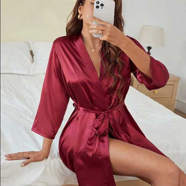 Mahroon Silk Open Front Gown Free Size 3 Mahroon Silk Open Front Gown Free Size