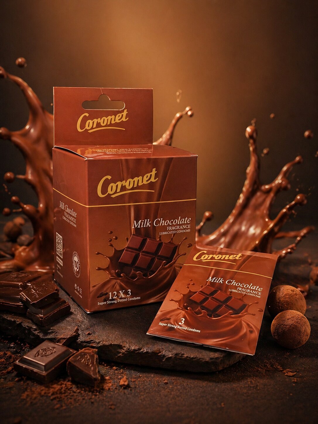 Coronet Milk Chocolate Flavoured Condoms – Dotted, Lubricated | Pack of 36 (12×3)