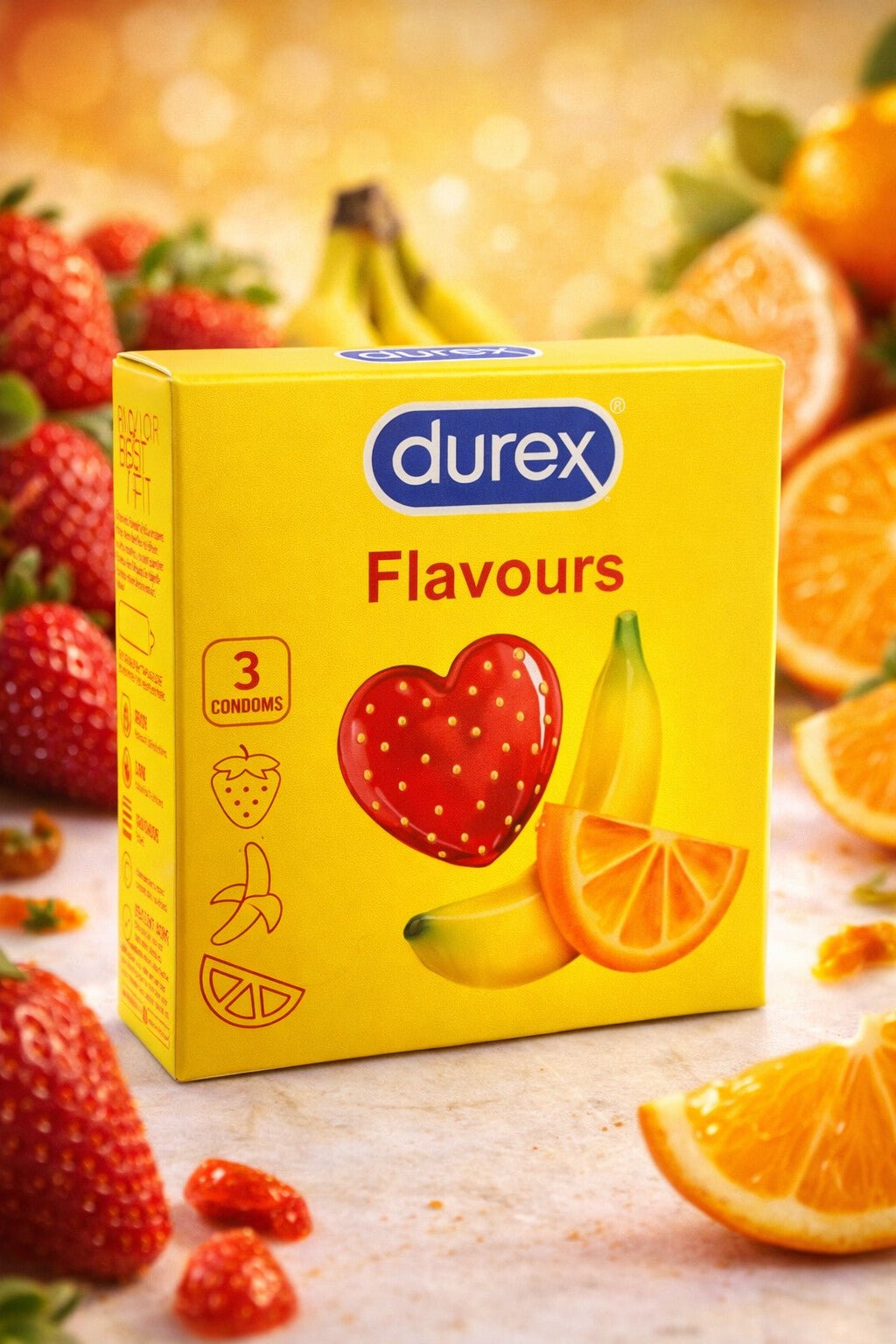 Durex Flavored Condoms – 3 Pack Fruity Mix (Strawberry, Banana, Orange)