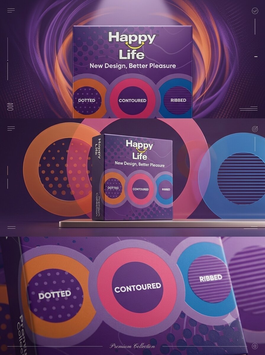 Happy Life Dotted Contoured Ribbed Condoms – 3 Pack | Enhanced Pleasure
