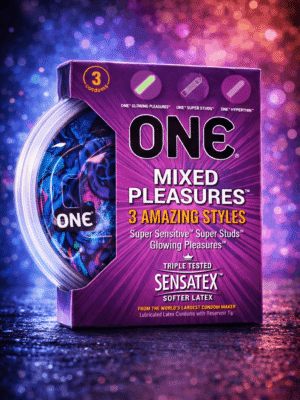 One Mixed Pleasure Condoms - 3 Pack (Glow, Ultra Thin, Studded)
