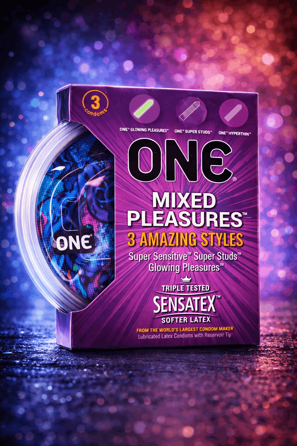 One Mixed Pleasure Condoms – 3 Pack (Glow, Ultra Thin, Studded)