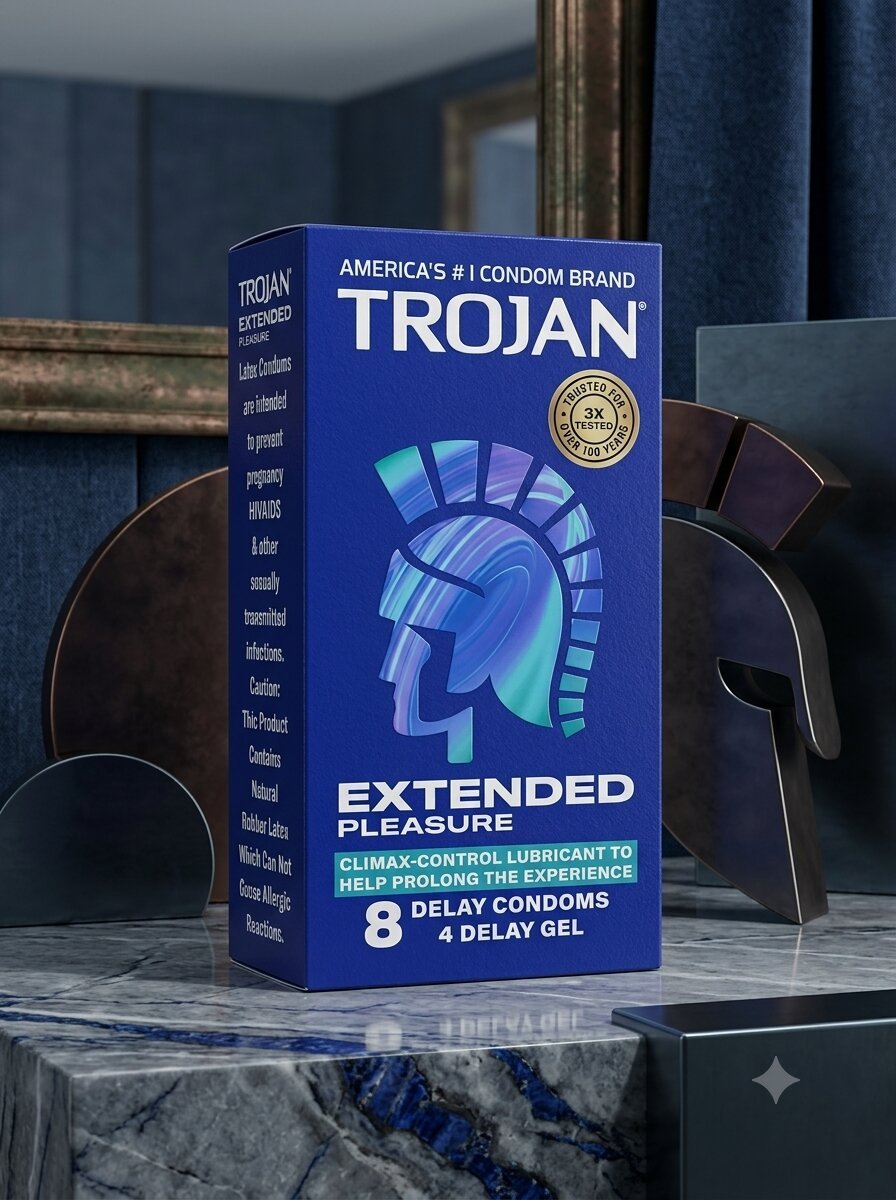 Trojan Extended Pleasure Condoms – 8 Dotted Delay Condoms + 4 Delay Gel Sachets