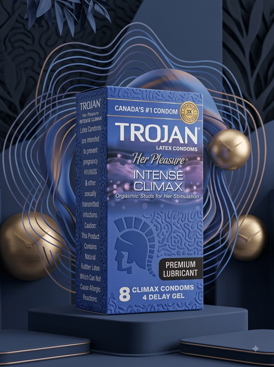 Trojan Intense Climax Studded Condoms | 8 Condoms + 4 Delay Gel | Her Pleasure