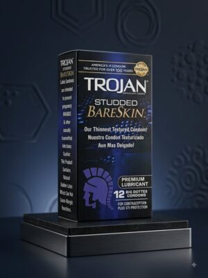 Trojan Studded Bareskin Condoms 12-Pack – Ultra-Thin Textured Latex for Enhanced Sensation