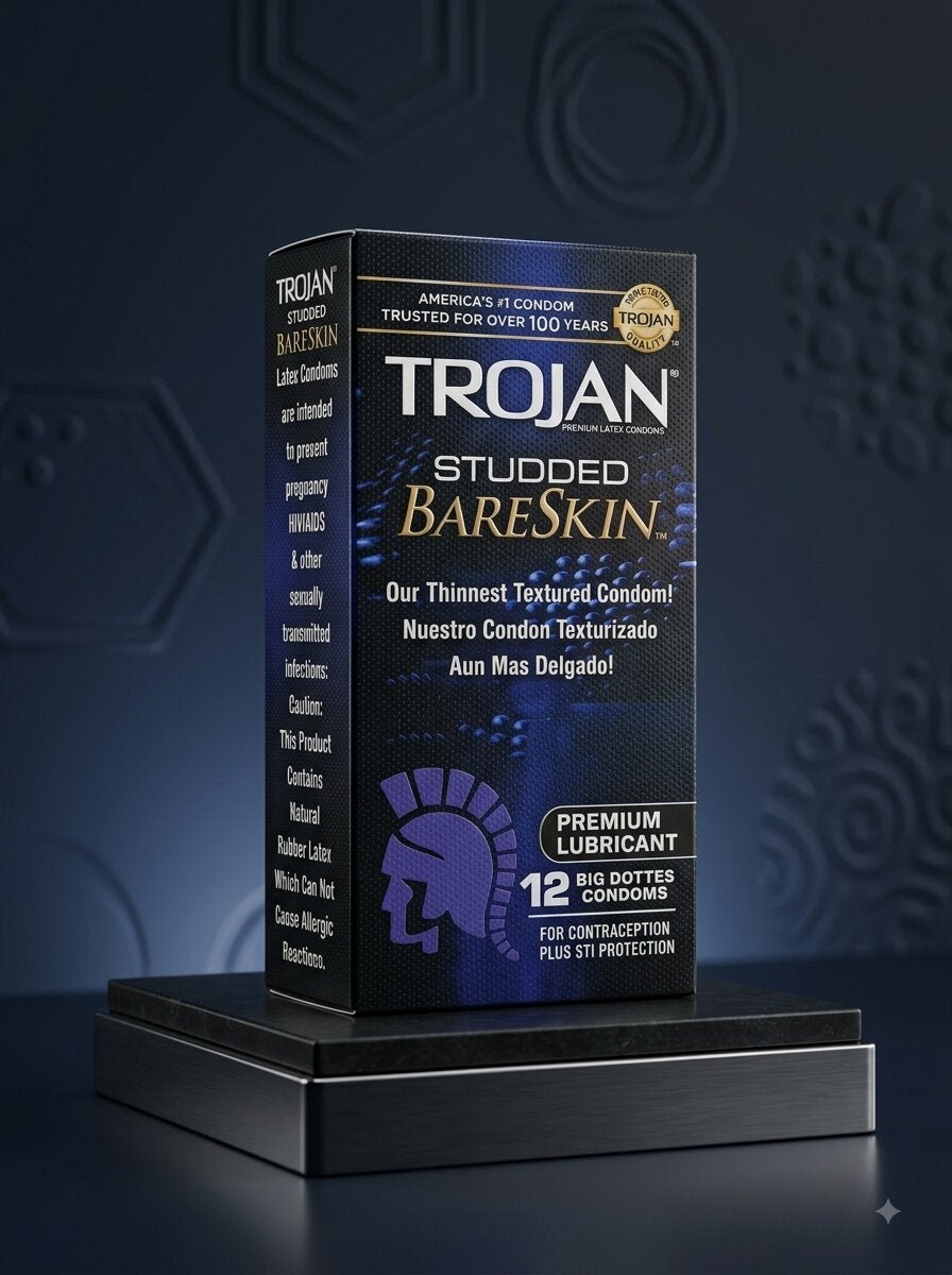 Trojan Studded Bareskin Condoms 12-Pack – Ultra-Thin Textured Latex for Enhanced Sensation