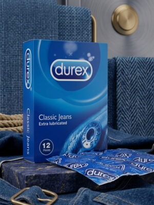 Durex Classic Jeans Condoms – Pack of 12 | Extra Lubricated, Natural Latex